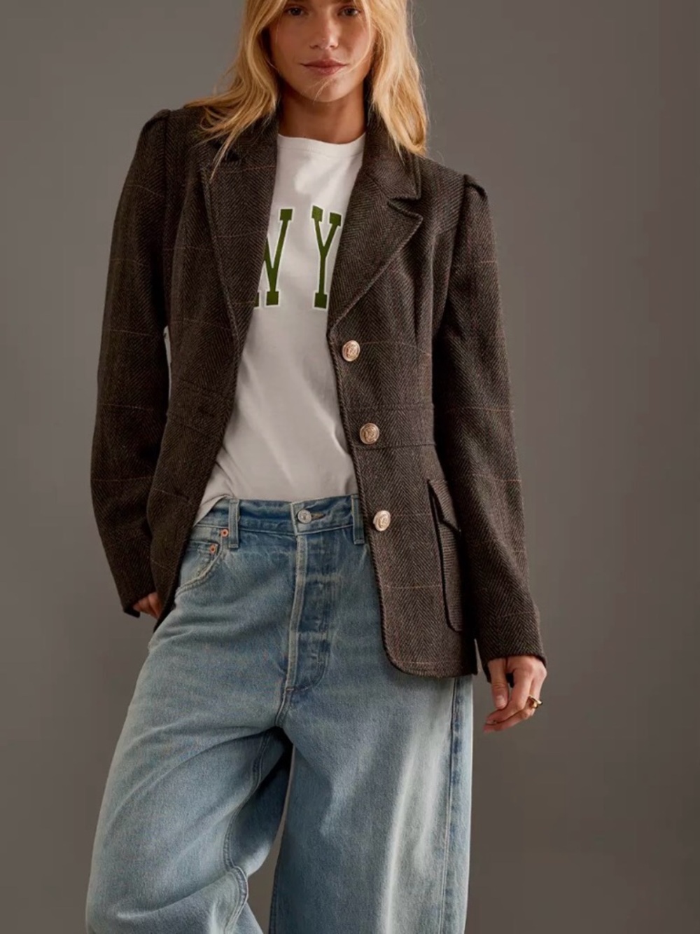 Avec Les Filles Brown Herringbone Tailored Blazer